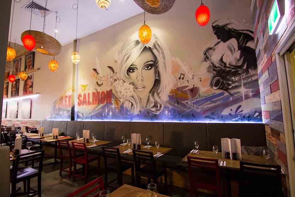 Red Salmon restaurant interior wall murals