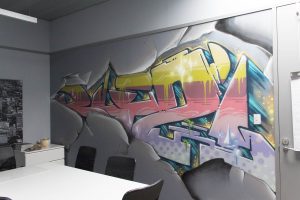office interior graffiti mural