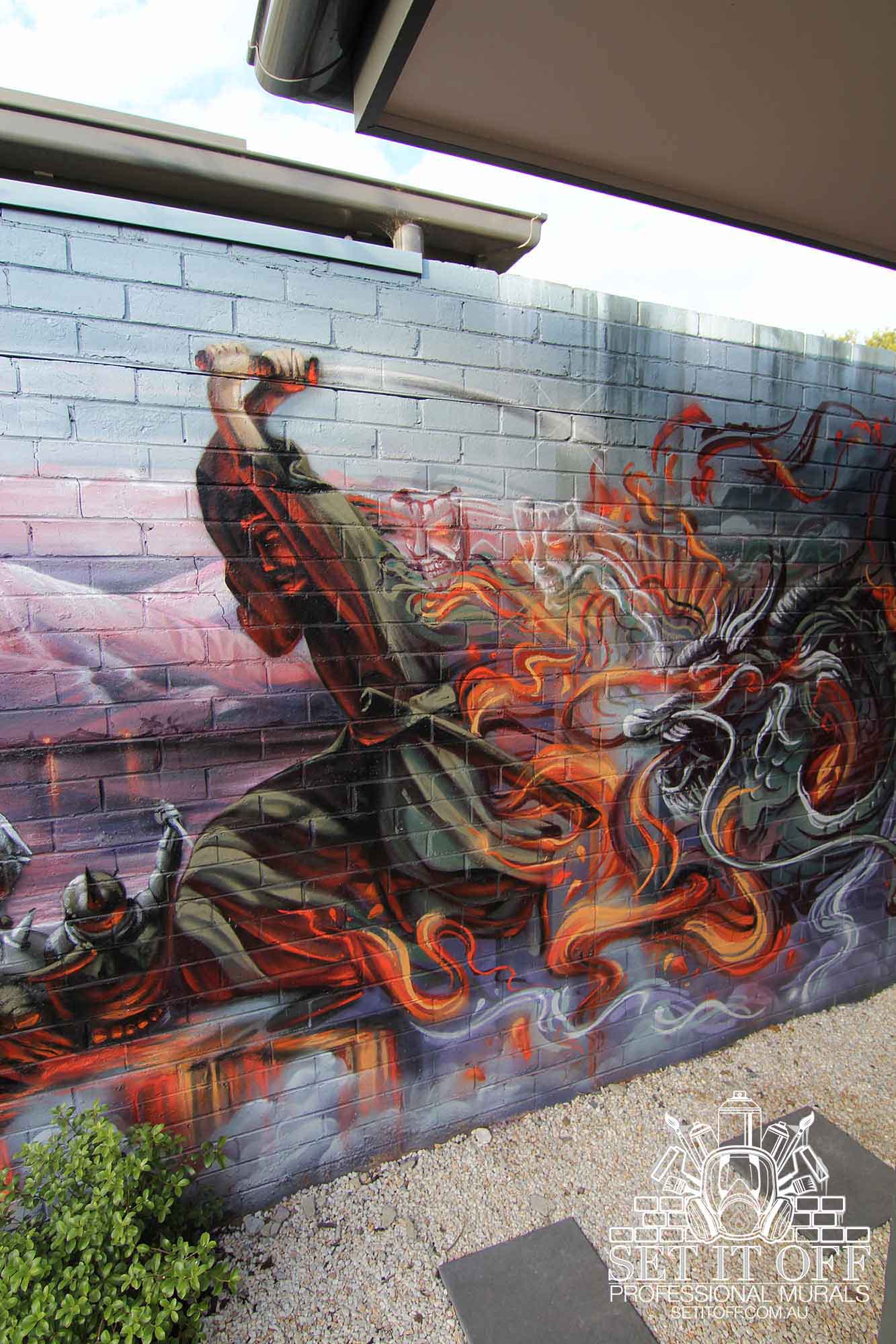 Samurai outdoor graffiti wall mural