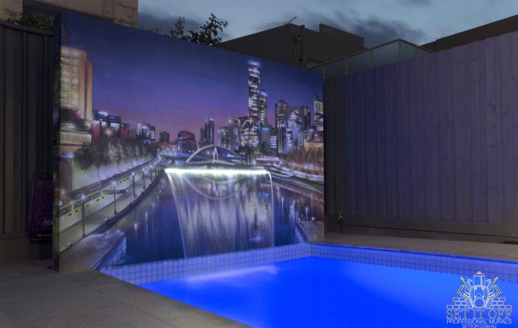 Poolside murals - Cityscape with incorporated fountain