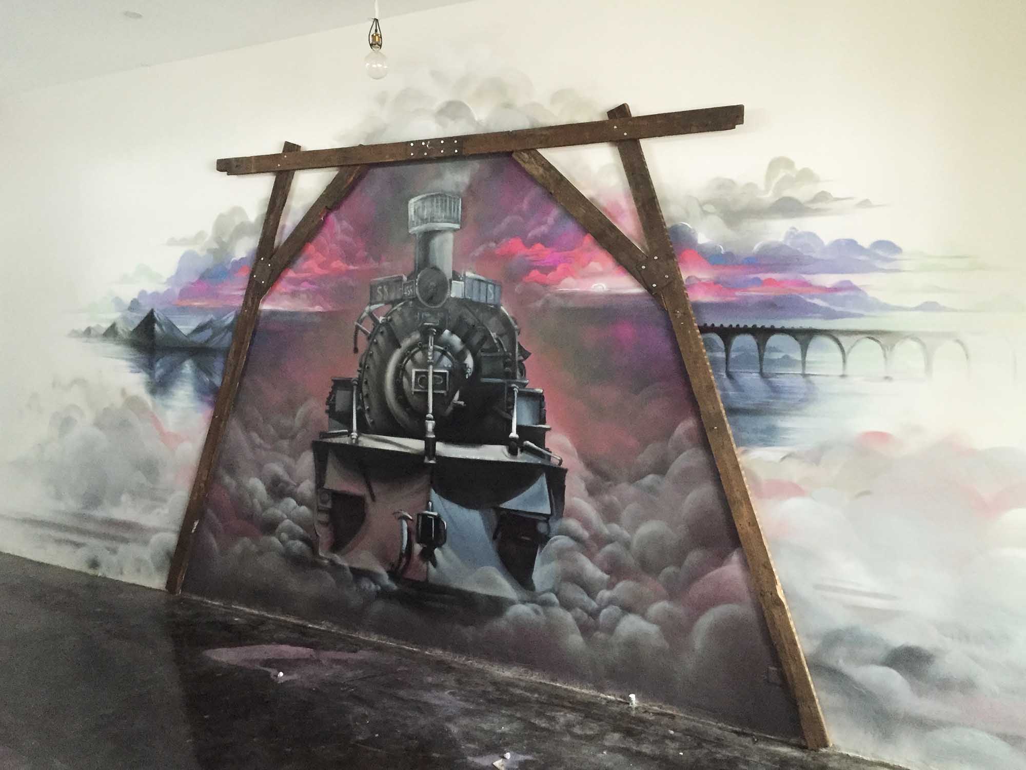 Coal pit restaurant wall mural interior design