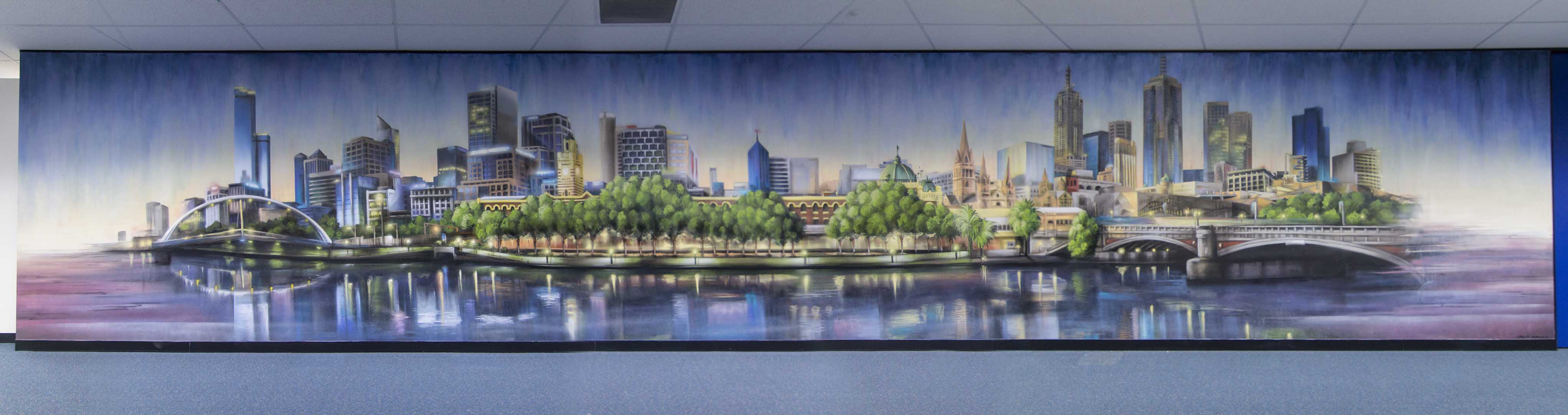 Melbourne city skyline graffiti interior decoration in office space.