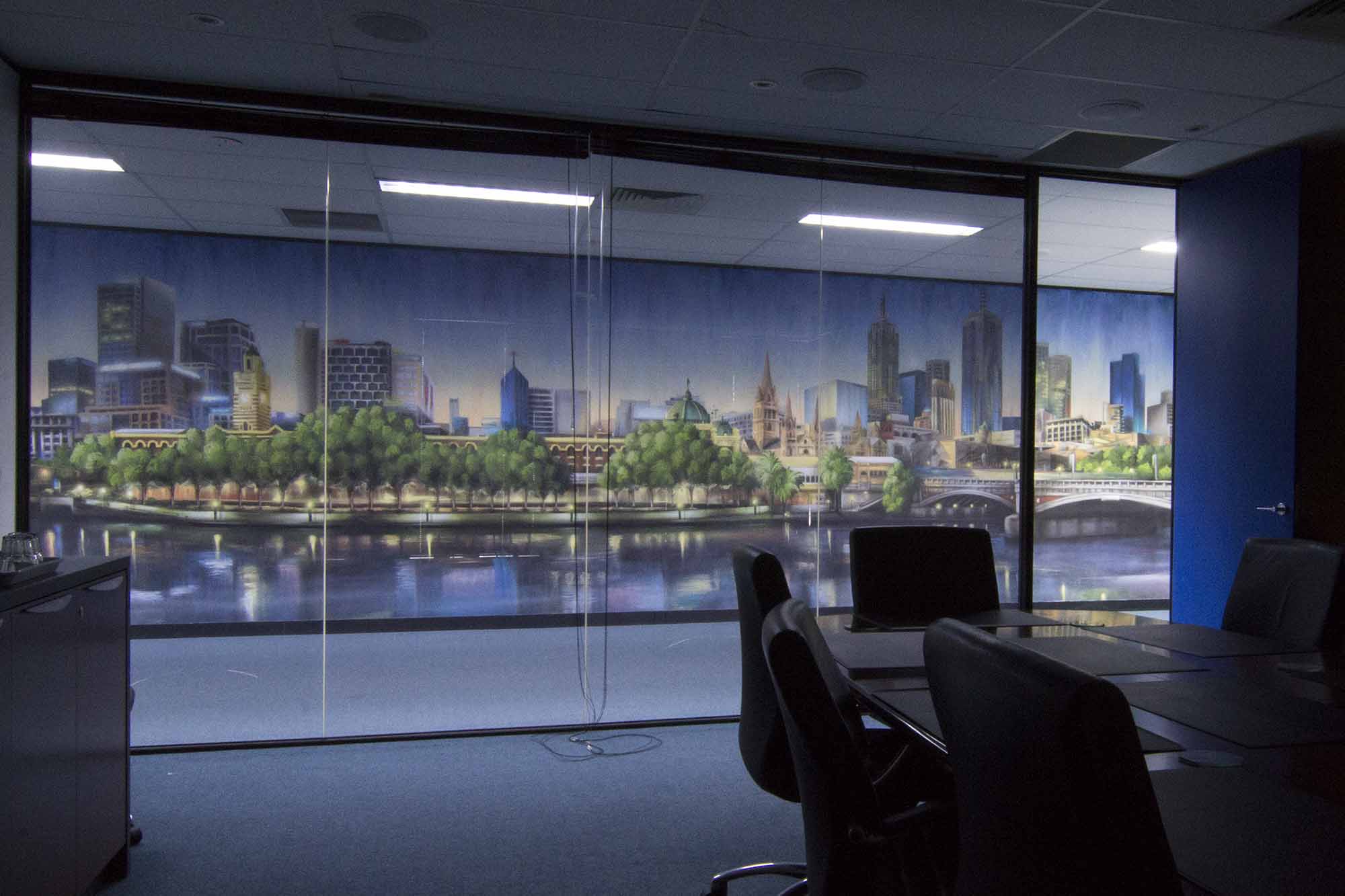 Melbourne city skyline graffiti interior decoration in office space.