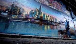 Graffiti mural of New York landscape